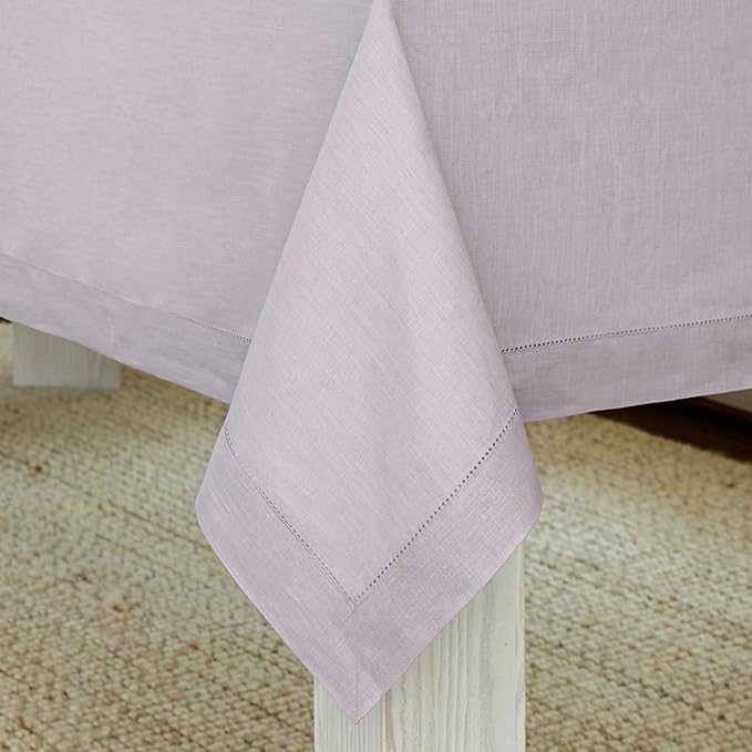 Solino Home Lilac Linen Tablecloth 60 x 144 Inch - 100% Pure Linen Hemstitch Table Cloth for Rectangle Tables - Classic Hemstitch, Machine Washable Tablecloth for Valentines, New Year