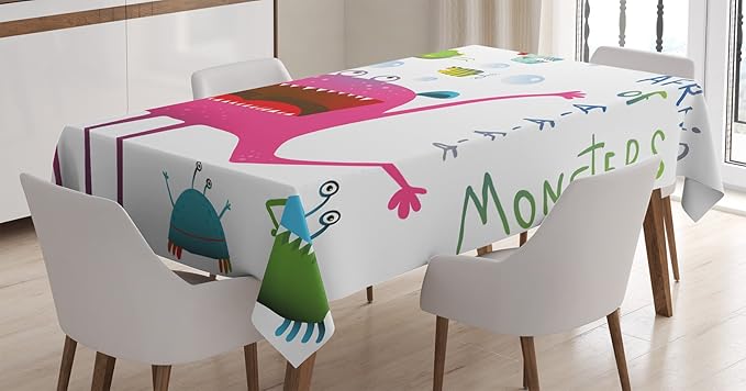 Ambesonne Funny Tablecloth, Underwater Beast Creature Fun Monster Fish Im Afraid of Monsters Words, Rectangular Table Cover for Dining Room Kitchen Decor, 60" X 84", Green Pink