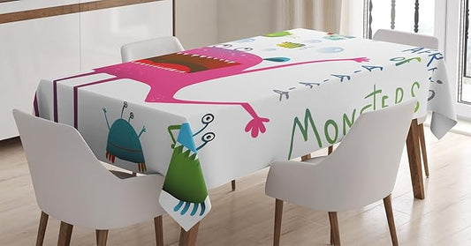 Ambesonne Funny Tablecloth, Underwater Beast Creature Fun Monster Fish Im Afraid of Monsters Words, Rectangular Table Cover for Dining Room Kitchen Decor, 52" X 70", Green Pink