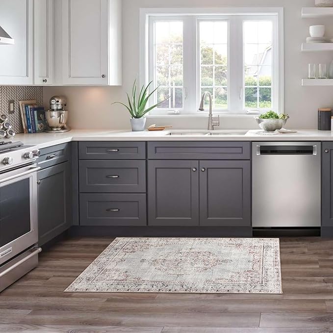 Easy-Going Boho Area Rug 2x3 Washable Entryway Rugs Front Door Mat Indoor Entrance Non-Slip Vintage Distressed Small Entry Rug for Living Room Kitchen Bathroom Office Lightweight Carpet, Grey Brick