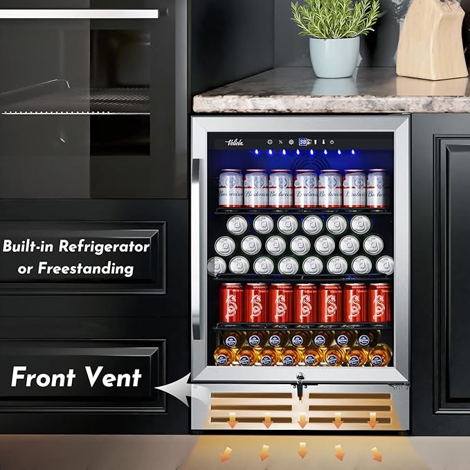 24 Inch Beverage Refrigerator Cooler,210 Cans Wide Beverage and Beer Fridge with Glass Door and Powerful Cooling Compressor, Built-in/Freestanding Drink Fridge for Kitchen, Bar or Office