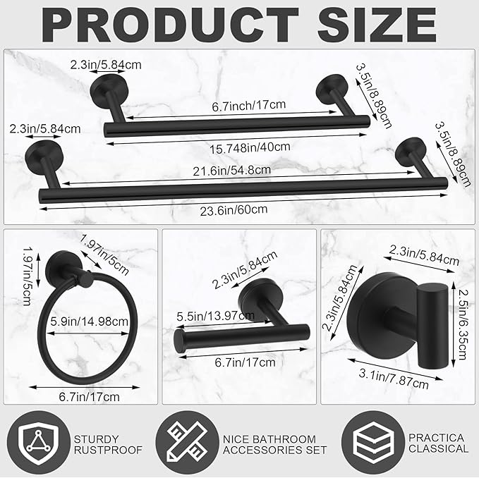 Gisafai 15 Piece Bathroom Hardware Set, 23.6 Inch Brushed Towel Bar Ring Toilet Paper Holder Robe Towel Hook, Sus304 Stainless Steel Bathroom Accessory Set Wall Mounted(Black)