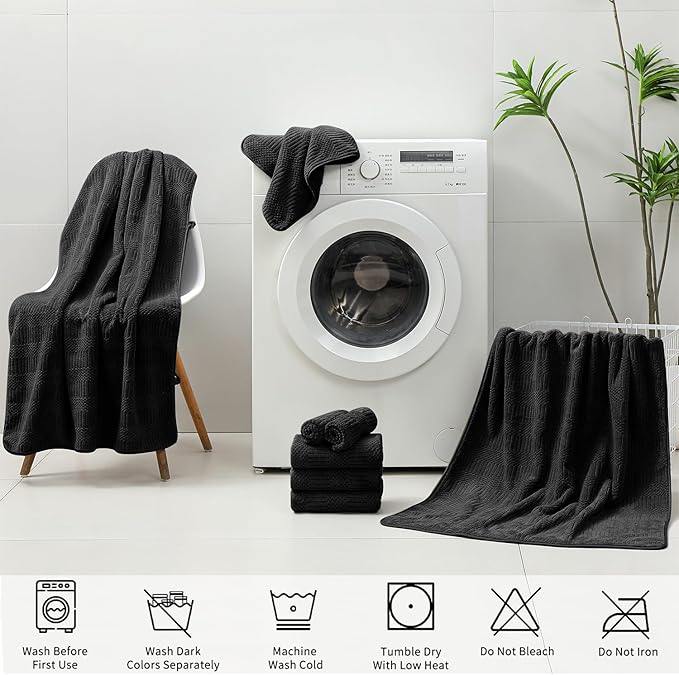 18 Pcs Black Woven Family Towels Set-6 Bath Sheets,6 Hand Towels,6 Washcloths Soft Polyester Towels Absorbent Shower Towel Quick Dry Beach Chair Towel Lint Less Towels Set for Bathroom Spa Gym Hotel