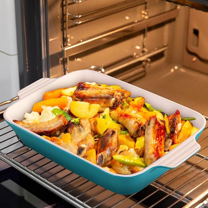 Baking Dish for Oven Casserole Dishes Bakeware Set With Ramekin Ceramic Lasagna Pan 9×12.8 Inch Large Deep Baking Dishes Rectangular Non-Stick Baking Pans for Kitchen Baking and Roasting Turquoise