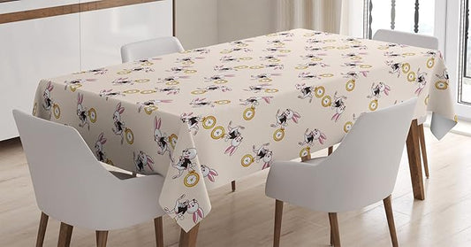 Ambesonne Alice in Wonderland Tablecloth, White Rabbit Dancing in The Sky Fantasy World and Alice Theme, Dining Room Kitchen Rectangular Table Cover, 60" X 84", Yellow Black