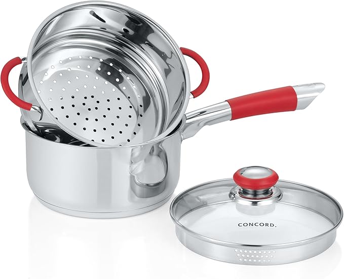 Concord Stainless Steel SIMPLE POUR Saucepan with Steamer Tier. Vented Glass Lid. Features Dual Pouring Spouts and Volume Marking on pot. Perfect for making Sauces, Jam, Ramen, and more (3 Quart)