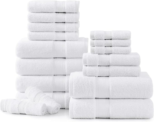 LANE LINEN Towel Set of 18 – Premium 100% Cotton, Zero Twist, 6 Large Bath Towel, 6 Hand Towels & 6 Wash Cloths, Quick Dry & Long-Lasting, Perfect for Family Bathrooms, Easy Care – White Towels