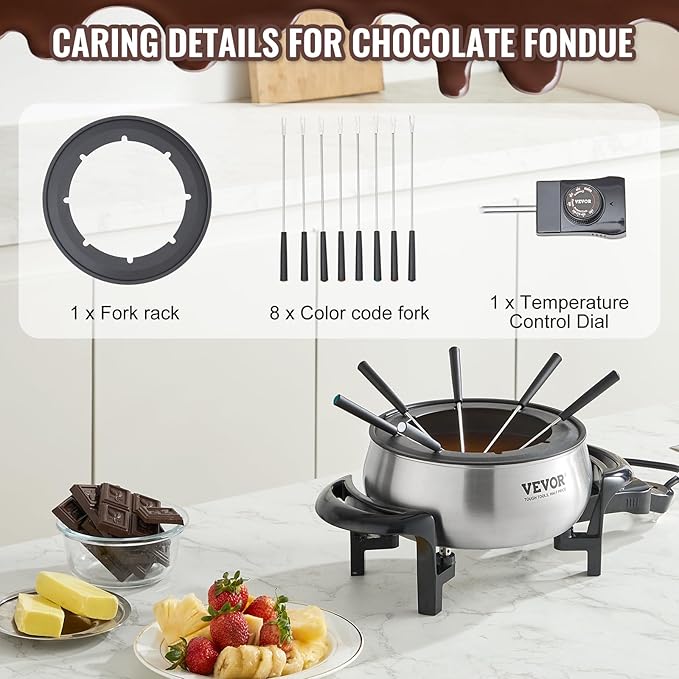 VEVOR Electric Fondue Pot Set, 3 Qt Melter for Cheese & Chocolate with 8 Forks, Candy Warmer with Temp Control, 1000W Non-Stick Stainless Steel Melting for Dessert, Broth, Wax Candle, Party Gift