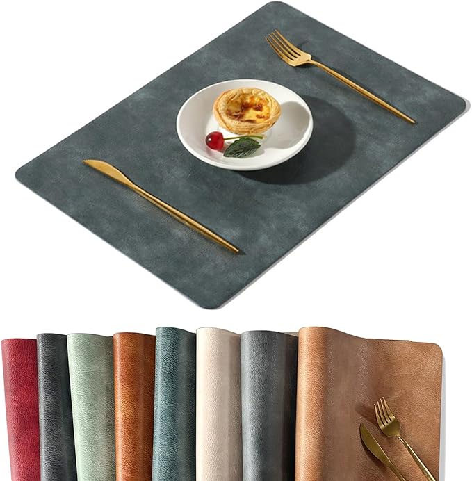 UnivoColors Washed Cowhide Pattern PU Leather Placemats Set of 4 Heat Resistant Kitchen Table Mats, Waterproof Wipeable for Party Decoration(Blue)