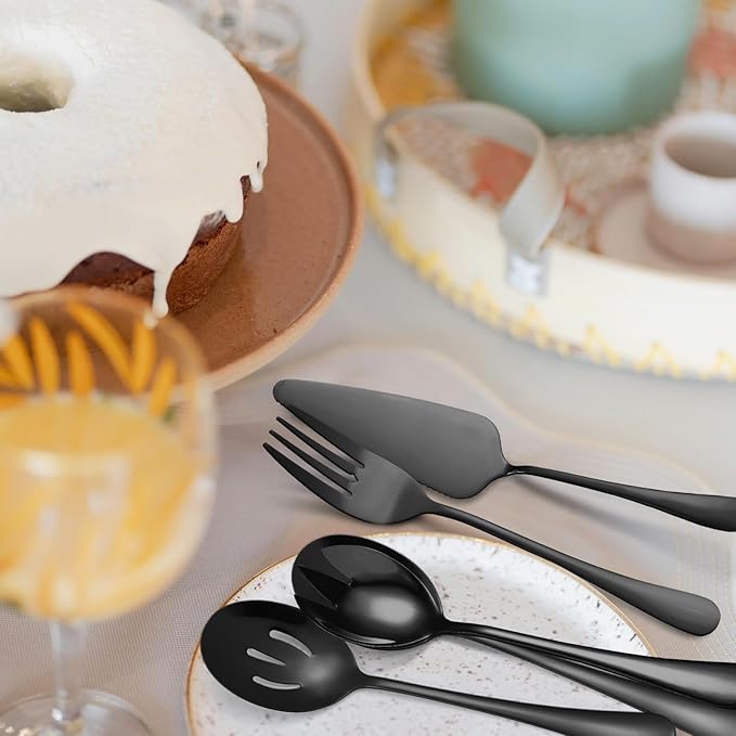 Black Serving Utensils Set 10-Piece Stainless Steel Kitchen Catering Flatware include Catering Tong Big Spoons and Ladles Servers Large Fork Spatula Ideal for Home and Restaurant Use