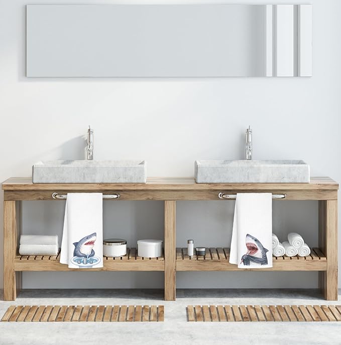 Shark Hand Towels,Toddler Bathroom Decor,Beach Towels,Coastal Beach Kids Bathroom Decor,Funny Shark Lovers Gifts 16x24 Inch Set of 2