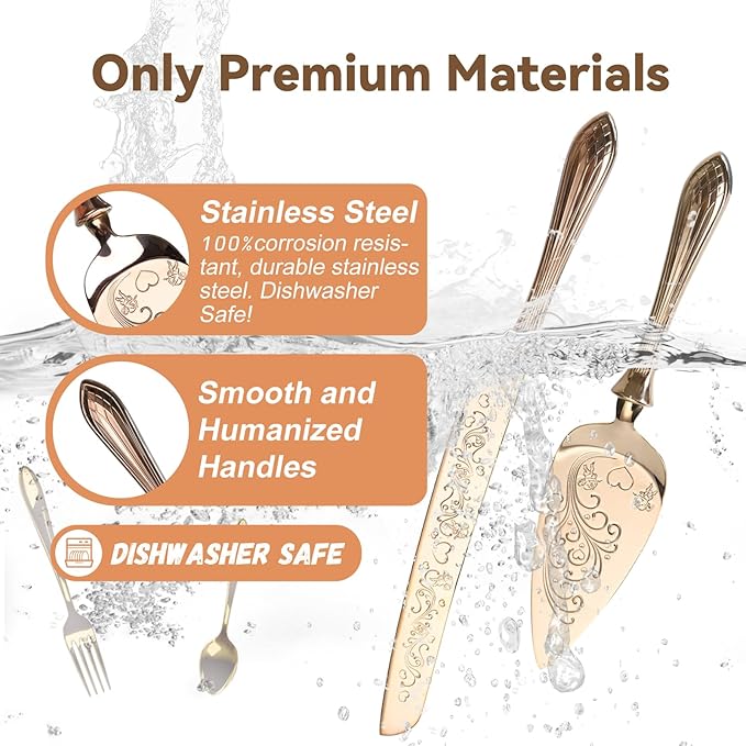 KSENDALO Wedding Cake Knife and Server Set Rose Gold Cake Cutting Set for Wedding, Deluxy SUS304 Stainless Steel Knife and Cake Server Set for Weddings, Birthdays & Anniversary(13.78inch Long)