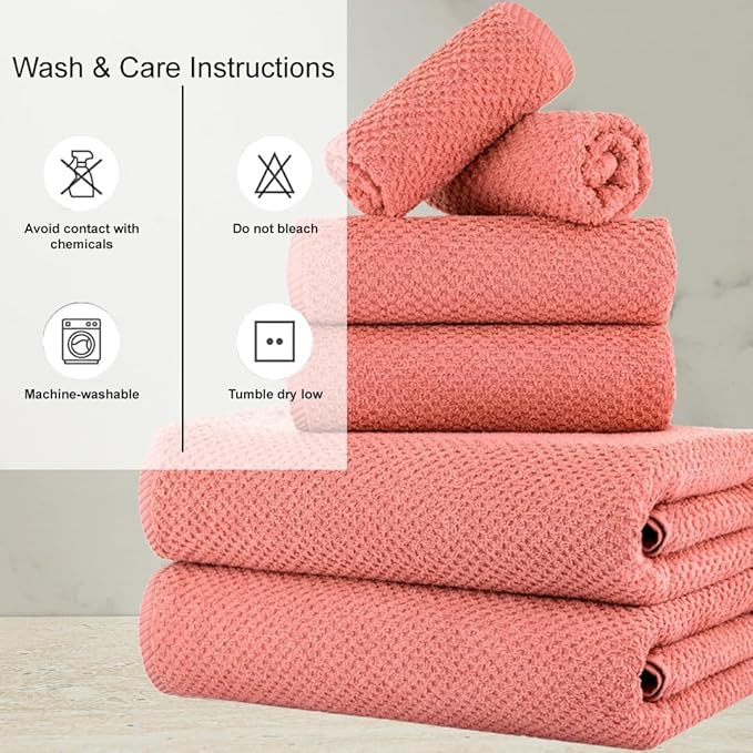 CASA COPENHAGEN Popcorn 6 Pieces Towel Set- Malibu Peach, 600 GSM 2 Bath Towel 2 Hand Towel 2 Washcloth, Designed in Denmark Made of Soft Egyptian Cotton for Bathroom, Kitchen & Shower