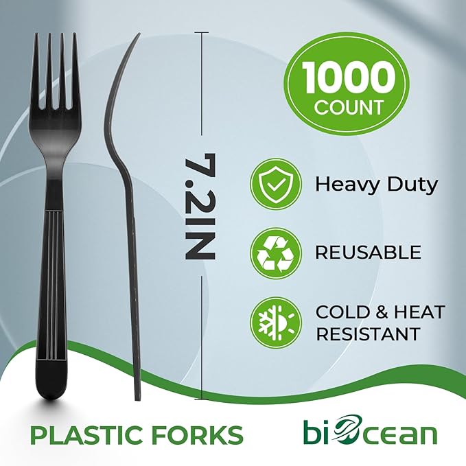 1000 Count Extra Heavy Duty Plastic Forks Black Disposable Forks Premium Bulk Plastic Forks Heavy Duty Plastic Silverware for Parties, Family Gatherings