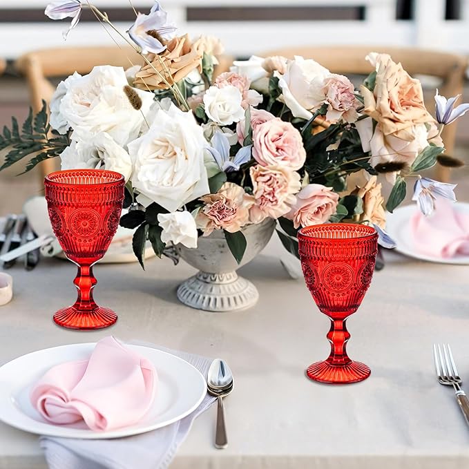 Red Vintage Wine Glasses Set of 6, 10 Ounces Colored Glass Water Goblets, Unique Floral Embossed Pattern High Clear Stemmed Glassware Wedding Party Bar Drinking Cups Fancy Glasses Hand Wash Only