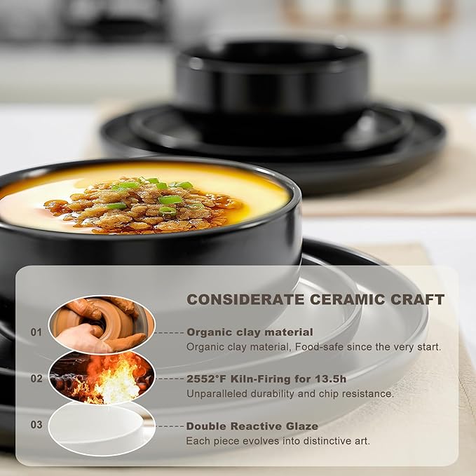 EWFEN 32-Piece Ceramic Dinnerware Sets with Mugs for 8, Black Plates and Bowls Set with Classic Design, Scratch Resistant Dishes Set, Dishwasher & Microwave Safe