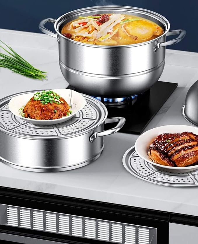 Stainless Steel Steamer Pot Thick-bottomed, 3 Tier Food Steamer for Cooking, Large Metal Steam Cooker, Work for Induction and Stove, Suitable for Tamale, Vegetable, Dumpling and Seafood
