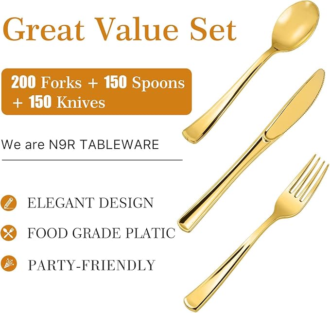 N9R 500PCS Gold Plastic Silverware - Gold Plastic Cutlery Set Disposable Flatware Dinnerware -200 Forks, 150 Spoons, 150 Knives for Party, Birthday, Wedding Utensils