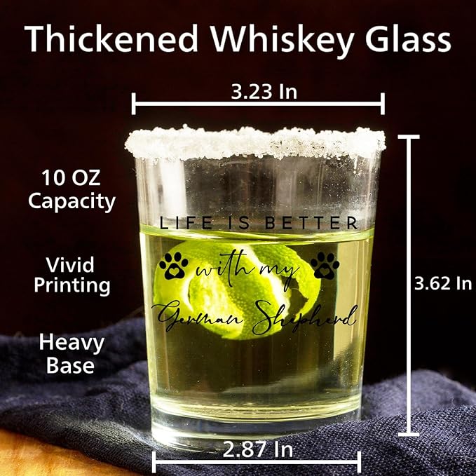 German Shepherd Gifts Whiskey Glasses 10 oz, Dog Mom Dad Lovers Owners Gifts, Funny German Shepherd Old Fashioned Rocks Glasses Cup for Women Men Drinking Scotch Bourbon Liquor
