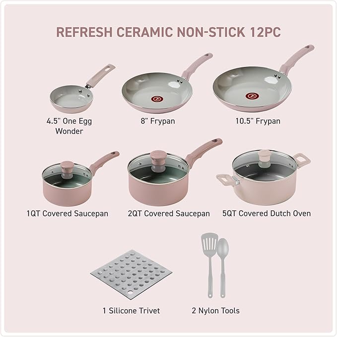 T-Fal Refresh Ceramic Nonstick Cookware Set, 12-Piece Ceramic Pots and Pans Set, Oven Safe to 350°F, Includes Stockpot, Griddle, Frying Pans, & Utensils, Dusty Rose