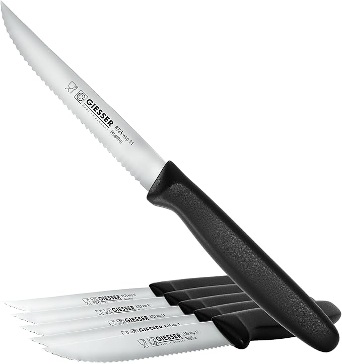 Giesser since 1776, Made In Germany, Steak Knife set of 6, serrated tip point edge, stainless steel, black