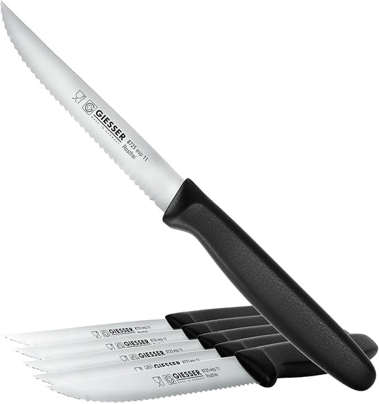 Giesser since 1776, Made In Germany, Steak Knife set of 6, serrated tip point edge, stainless steel, black