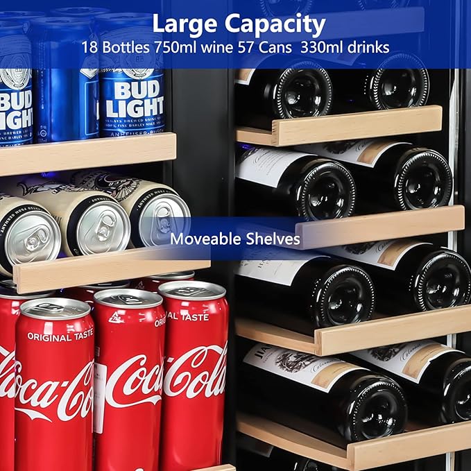 Wine and Beverage Refrigerator,24 Inch Dual Zone Wine Beverage Cooler, Built-in/Freestanding Beer and Wine Fridge with a Powerful Compressor, 20 Bottles and 88 Cans Capacity