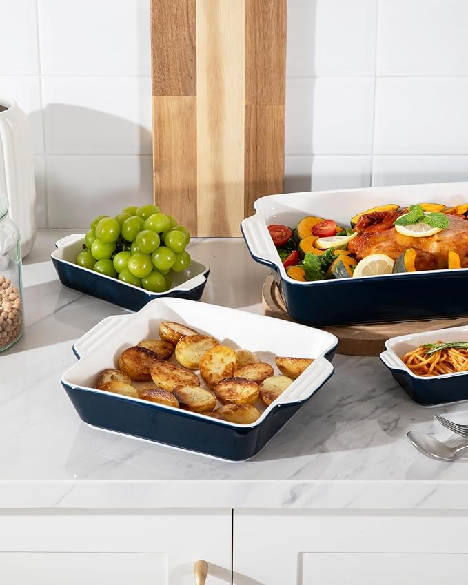 Sweejar Ceramic Bakeware Set of 4, Casserole Dishes for Oven, Rectangular Baking Dish with Handles, Lasagna Pans Deep for Cooking, Gratin, Roasting, Banquet and Daily Use (Navy)