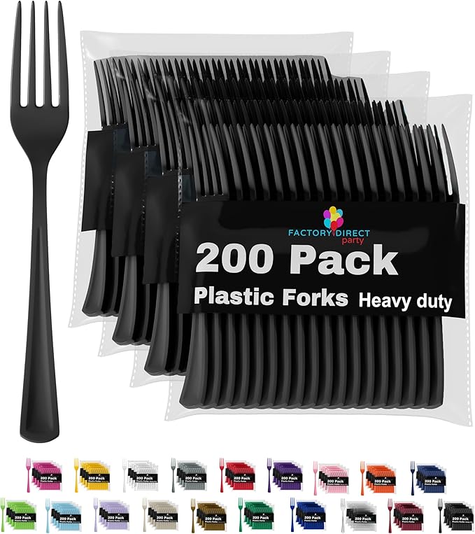 Party Solids Black Plastic Forks 200 Pieces Black Forks Disposable Utensils Heavy Duty Plastic Cutlery Set Disposable Cutlery Sets Flatware Sets Silverware Set Party Supplies & Party Tableware