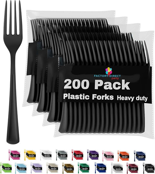 Party Solids Black Plastic Forks 200 Pieces Black Forks Disposable Utensils Heavy Duty Plastic Cutlery Set Disposable Cutlery Sets Flatware Sets Silverware Set Party Supplies & Party Tableware
