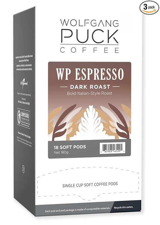 Wolfgang Puck Soft Coffee Pods Espresso, 9.5 Gram soft Pods, 18 Count (Pack of 3)