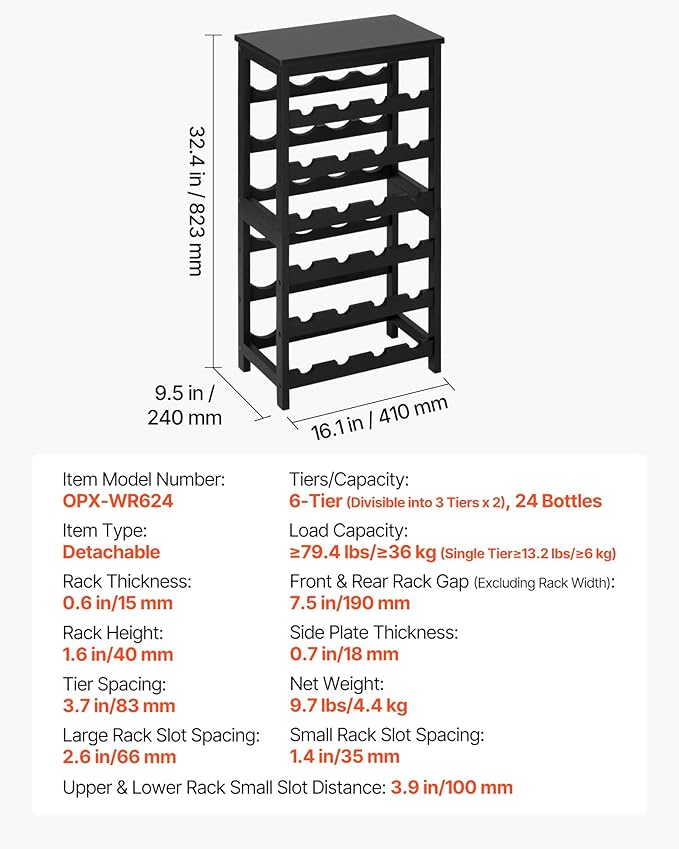 VEVOR 24 Bottle Detachable Wine Rack, 6-Tier Wine Bottle Holder, Freestanding Floor Display Wine Storage Shelves with Table Top, for Kitchen,Cellar,Bar,Dining Room,Living Room, Black