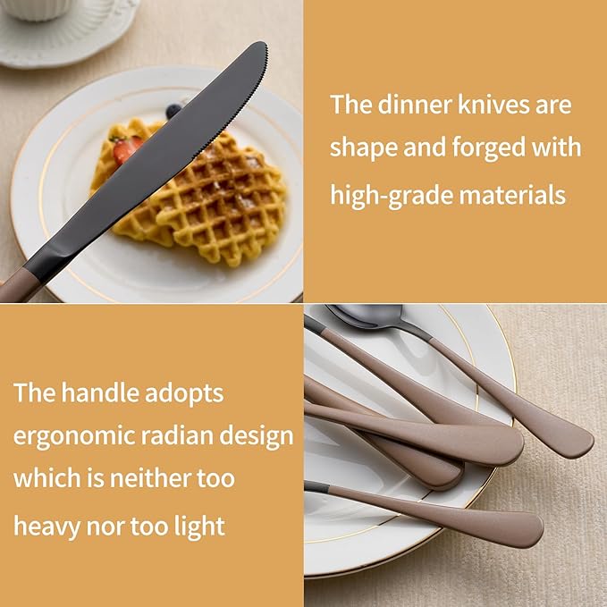 20-Piece Black Silverware Set 18/0 Stainless Steel Silverware Set Brown Handle Cutlery Set Service for 4 Dinner Knives Forks Spoons Set Flatware Set Finish Dishwasher Safe