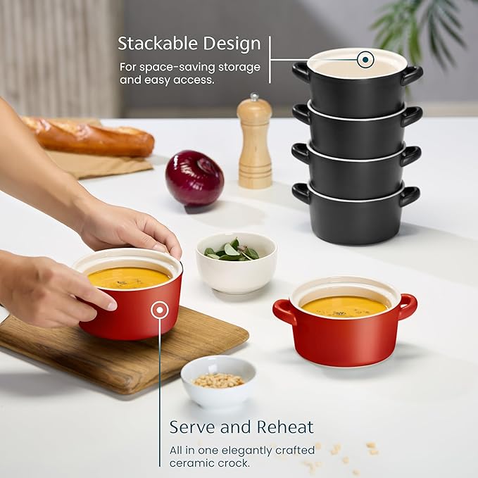 Kook Soup Crocks, Ceramic Stackable Bowls, Broil, Oven, Microwave and Dishwasher Safe, with Handles, For Casserole, Pasta, Cereal, Capacity 18 oz, Set of 4, (Matte Red)