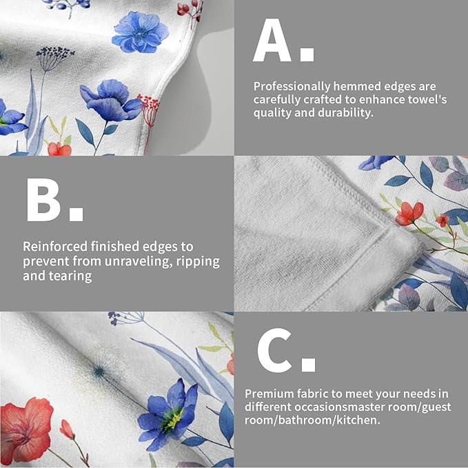 Imiss 4th of July Hand Towels Set of 2 Patriotic Blue Red Poppy Flowers Dish Cloth Bath Towels 14.4 x 28.3 Inch for Kitchen Bathroom Gym Spa Hotel