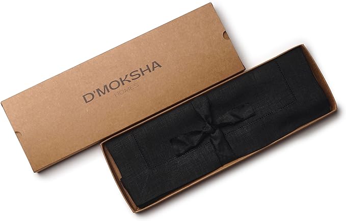 D'Moksha Homes Linen Placemats Set of 4 - Classic Hemstitch Black Placemats 14 x 19 Inch - 100% Pure Linen Table Mats for Winter, Holiday, New Year - Handcrafted and Machine Washable