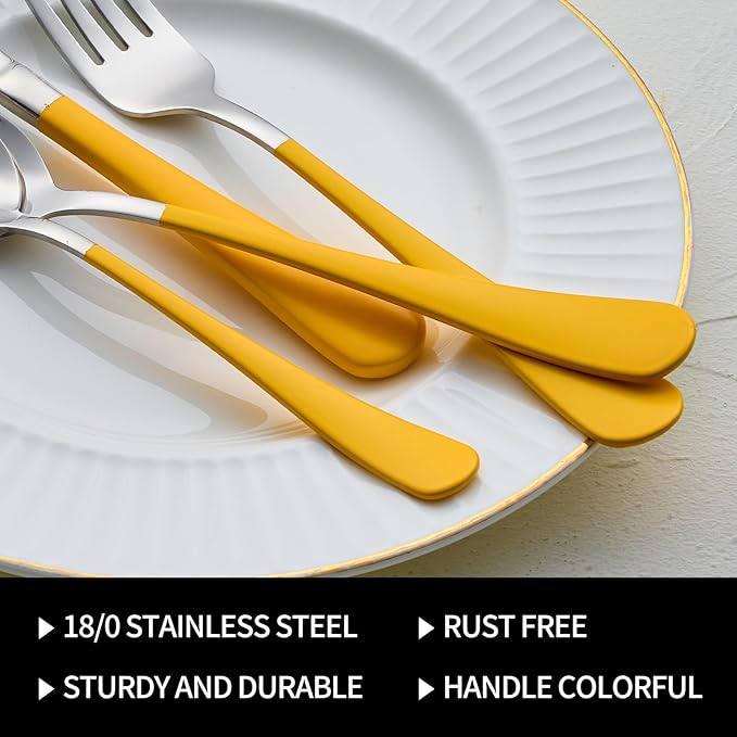 20-Pieces Yellow Silverware Sets for 4,Yellow Handle Stainless Steel Cutlery Set, Include Forks Spoons and Knives Set, Dishwasher Safe Utensil Sets for Home Restaurant
