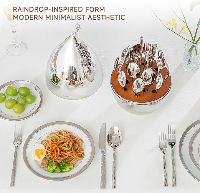KINGSTONE Silverware Set with Waterdrop Storage Organizer, Luxury 20 Piece Flatware Set for 4, 18/10 Stainless Steel Cutlery Set with Diamond Cut Pattern Ideal for Kitchen,Party and Gift