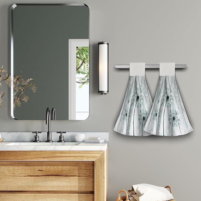 Giwawa Teal Dandelion Hanging Hand Towels with Loop Set of 2 Rustic Flower Soft Fast Dry Kitchen Tie Towel for Bathroom Laundry Farmhouse Decor