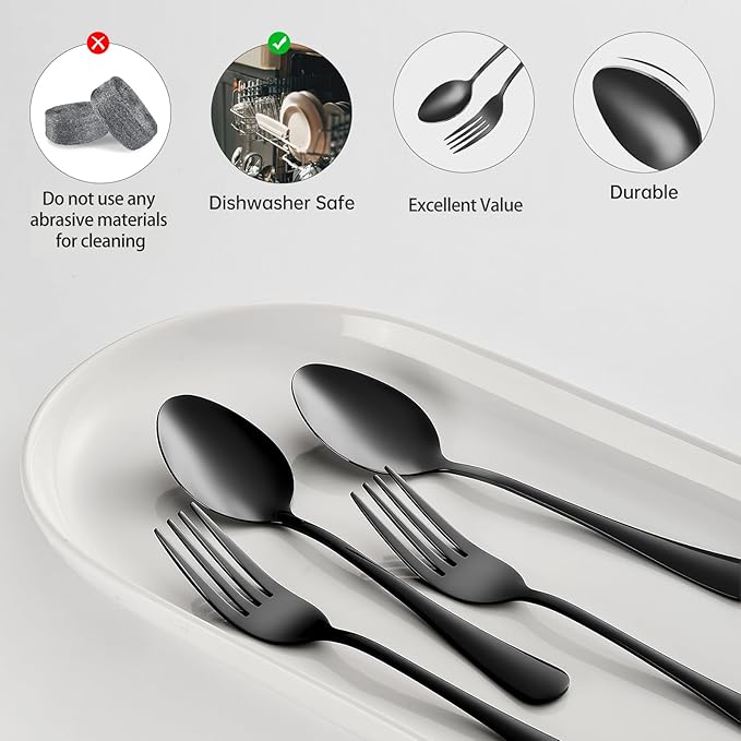 Forks and spoons silverware set 24pcs black spoons and forks set Durable Dishwasher Safe black silverware for home kitchen stainless steel (Black)