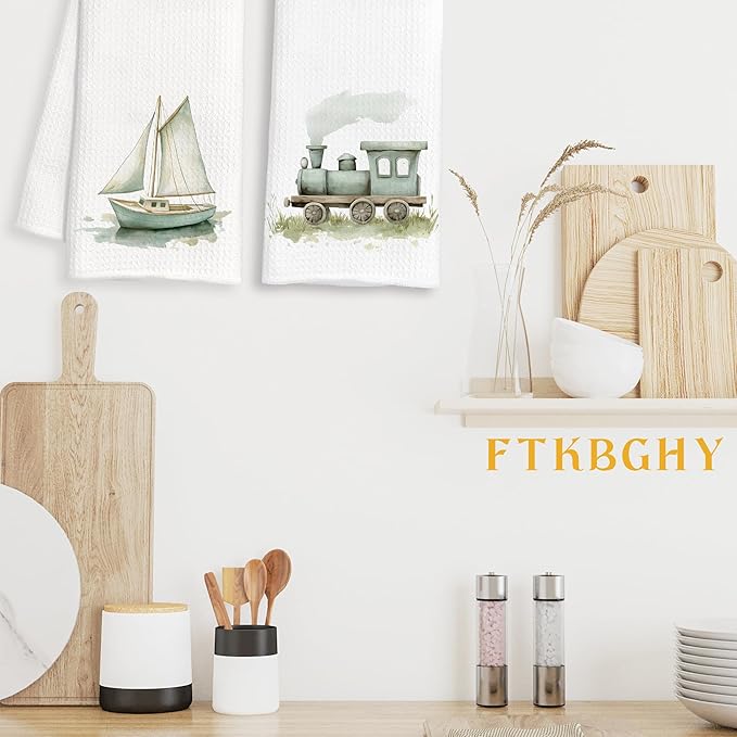 Sage Green Sailboat Steam Train Decorative Hand Towels Gifts, Kids Boys Bathroom Decor, Watercolor Transportation Decorative Dish Hand Tea Towels for Bathroom Kitchen, 16x24 Inch Set of 2