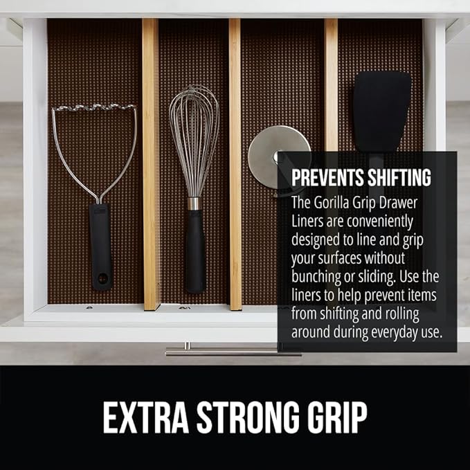 GORILLA GRIP powerGRIP Drawer Shelf and Cabinet Liner, Thick Strong Hold, Non-Adhesive Liners Protect Kitchen Cabinets and Cupboard, Bathroom Drawers, Easy Install, Breathable Mat, 12" x20', Chocolate
