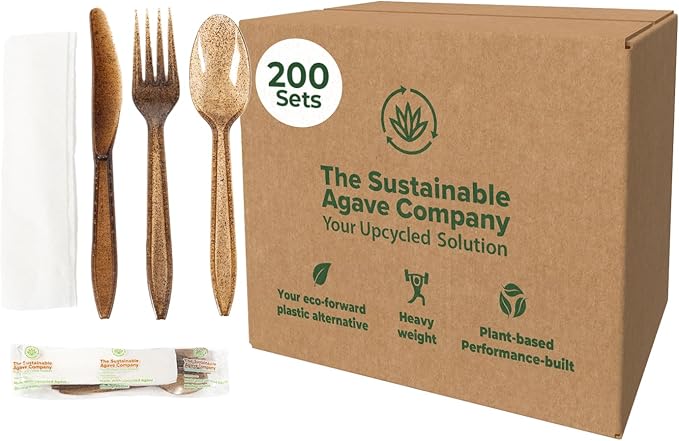 Sustainable Agave Co - Agave Fiber Cutlery Set - 200 Biofilm Wrappped Sets / 600 Pieces - Plant-Based, Made With Upcycled Materials - Bulk Brown Forks, Knives & Spoons Variety Pack