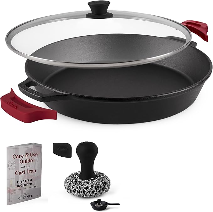 Cuisinel 15" Large Cast Iron Skillet + Glass Lid + Black Chainmail Scrubber - Dual Handle Braiser Frying Pan + Silicone Handle Covers - Pre-Seasoned Oven, Grill, Stovetop, Fire Indoor/Outdoor Cookware