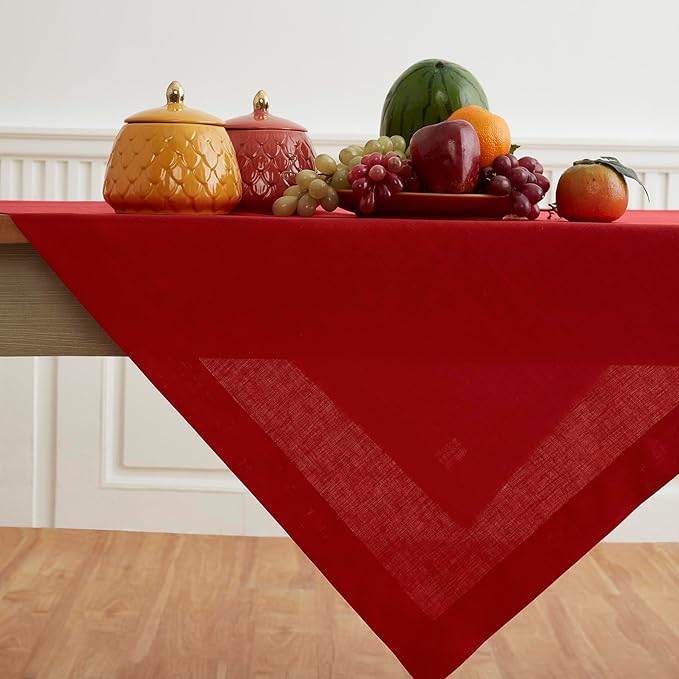 Solino Home Linen Red Square Tablecloth 52 x 52 Inch - 100% Pure Linen Table Throw - Fete, Machine Washable Table Cloth for Valentines, Holiday, Winter, New Year