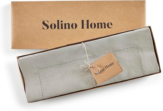 Solino Home Linen Cloth Placemats Set of 4-100% Pure Linen Medium Weight Hemstitch Light Grey Placemats 14 x 19 Inch - Handcrafted and Machine Washable Table Place Mats
