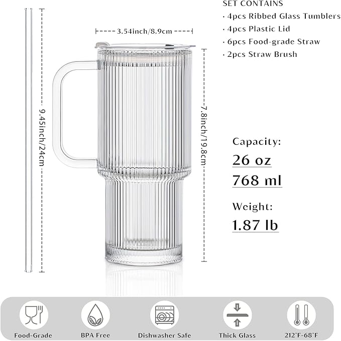 INSETLAN 26oz Ribbed Glass Tumbler with Handle & Lid – 4-Pack Large Iced Coffee Cups with Straws, Modern Glass Mug for Cold & Hot Beverages, Aesthetic Travel Cup for Smoothies, Tea, and Juice