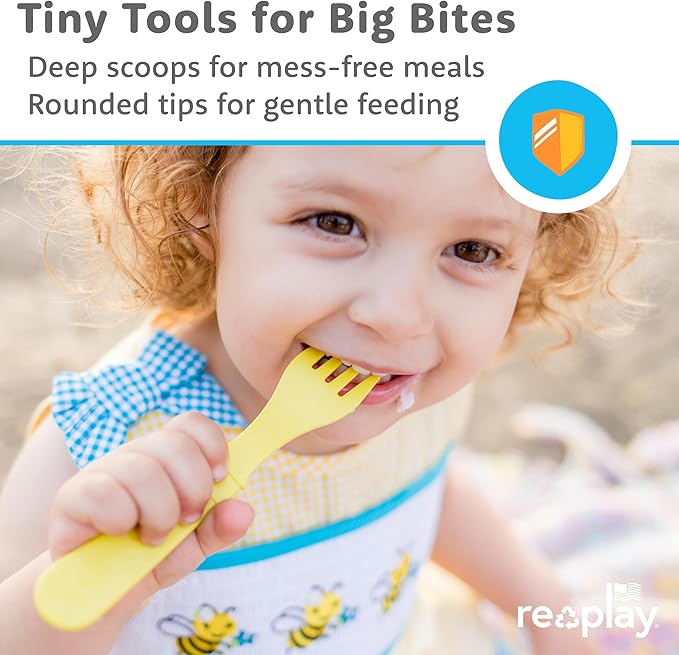 Re-Play Toddler Forks and Spoons Set - 6x6 Utensils Set for Kids - Dishwasher and Microwave Safe - Made in USA - Set of 12-5.8" x 1.2" x 0.2" - Crayon Box