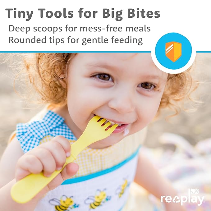 RE-PLAY Made in USA 8pk Toddler Feeding Utensils Spoon and Fork Set | Eco Friendly Recycled Milk Jugs - Virtually Indestructible | Red, Yellow, Lime Green, Sky Blue (Preschool)