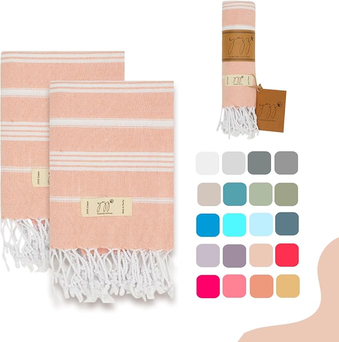 Hand Towels - Set of 2, 18" x 30" inches, Decorative Peshtemal Cotton Hand Towels for Kitchen, Bath, Guest, Face, Hair, Gym, Yoga, Dishcloth, Travel (Salmon)